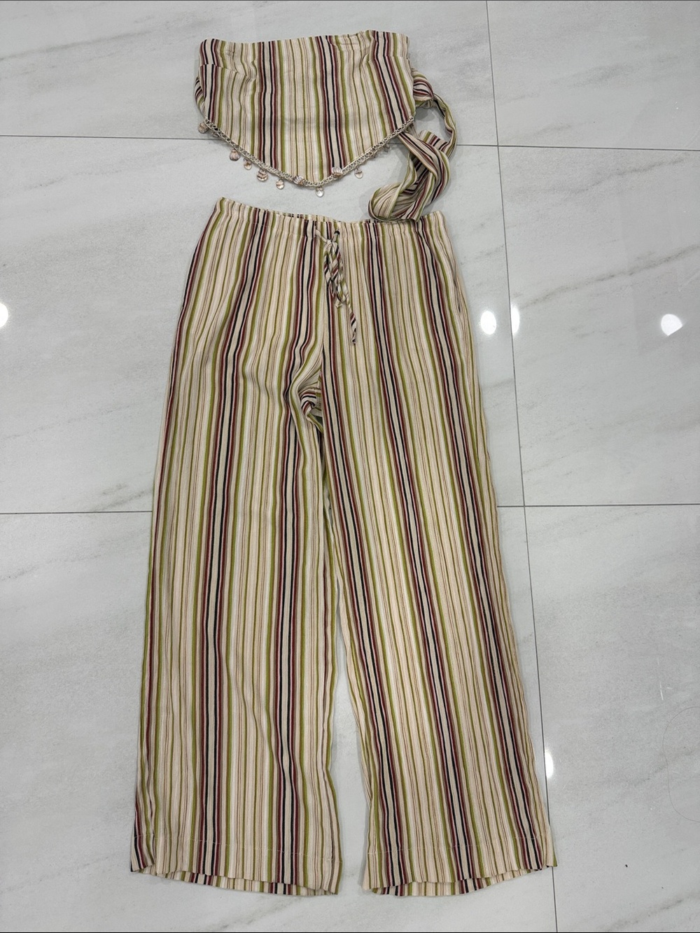 Striped Wide-Leg Pull-On Pants and crop top in Beige and Olive
